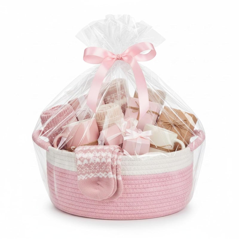 Colingmill Valentine's Day Woven Gift Basket with Gift Bags and Ribbons 12"x8"x5" Empty Cotton Rope Storage Basket for Birthdays, Baby Showers, Wedding DIY Presents(Pink) - Image 4